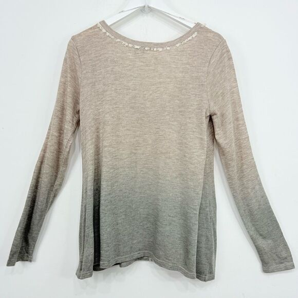 Miss Me Tan Gray Ombré V Neck Lace Trim Rhinestone Jersey Stretch Cardigan NEW - Picture 11 of 16